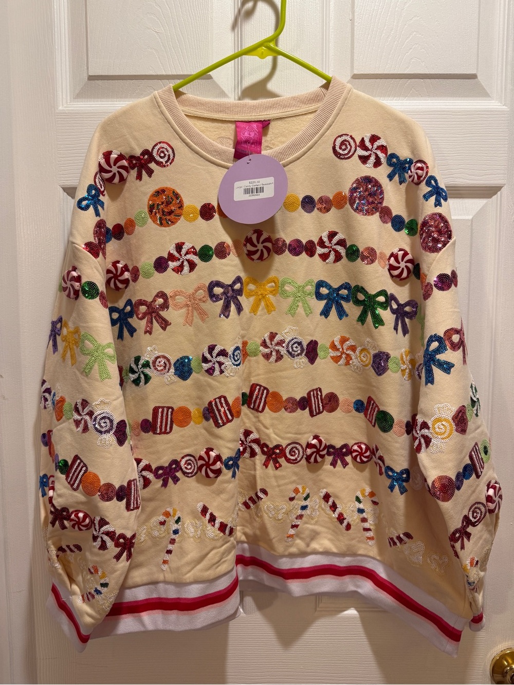 QUEEN OF SPARKLES Cream Embroidered Candy & Bow Sweater